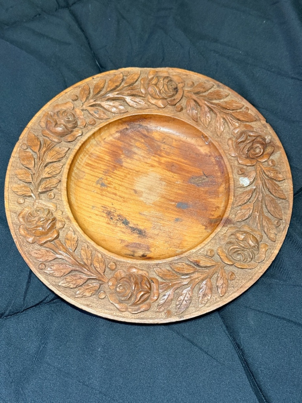 Vintage Hand-Carved Wooden Rose Plate | Floral Wood Wall Decor | Primitive Farmh